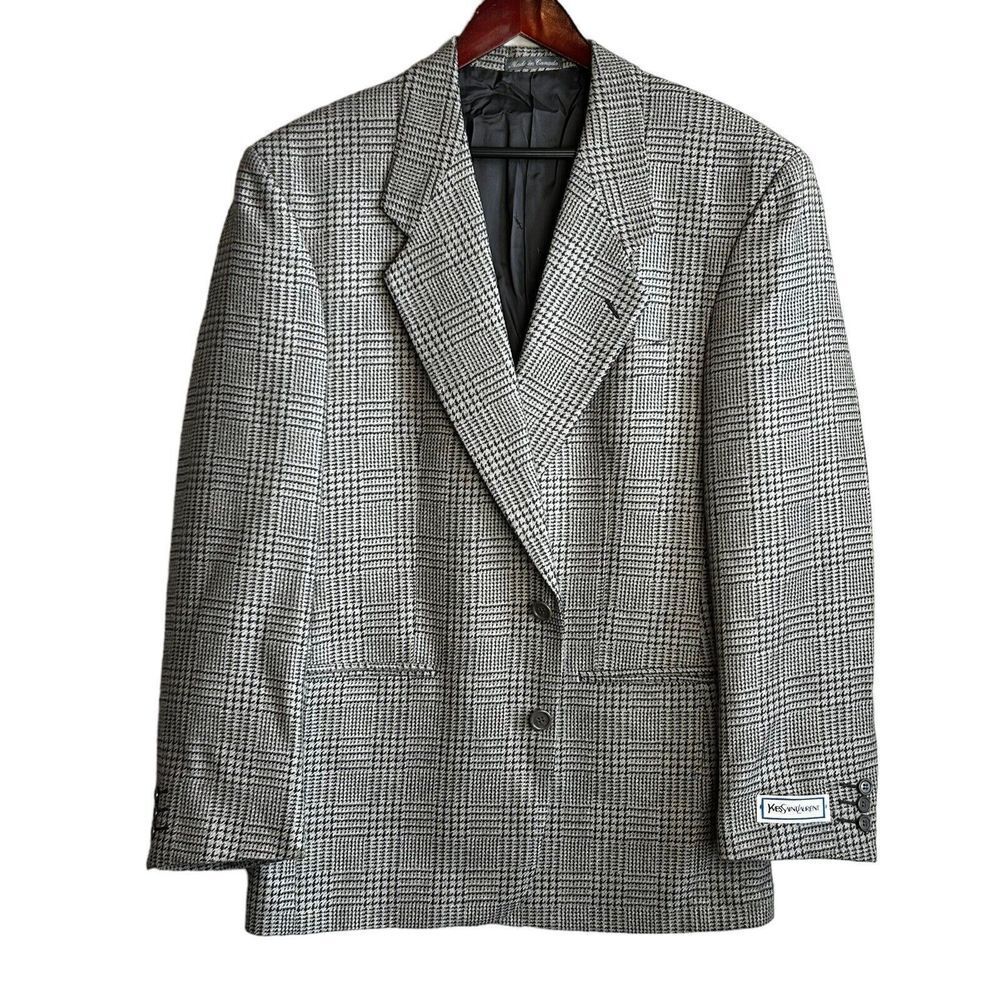 Vintage Yves Saint Laurent YSL Mens 40R Blazer Black Gray Sport Coat 2 Button - Picture 2 of 11